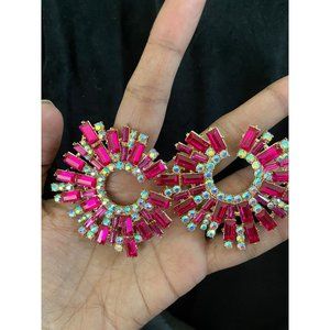 Hot pink large crystal earrings, stud fuchsia rhinestone prom pageant magenta